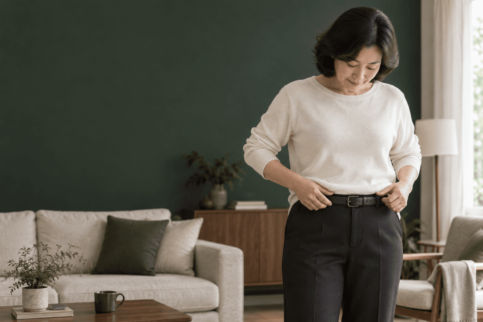 복부 둘레와 체중 관리의 일상적인 상황을 표현한 AI 생성 예시 이미지. 실제 사례 환자가 아닙니다.