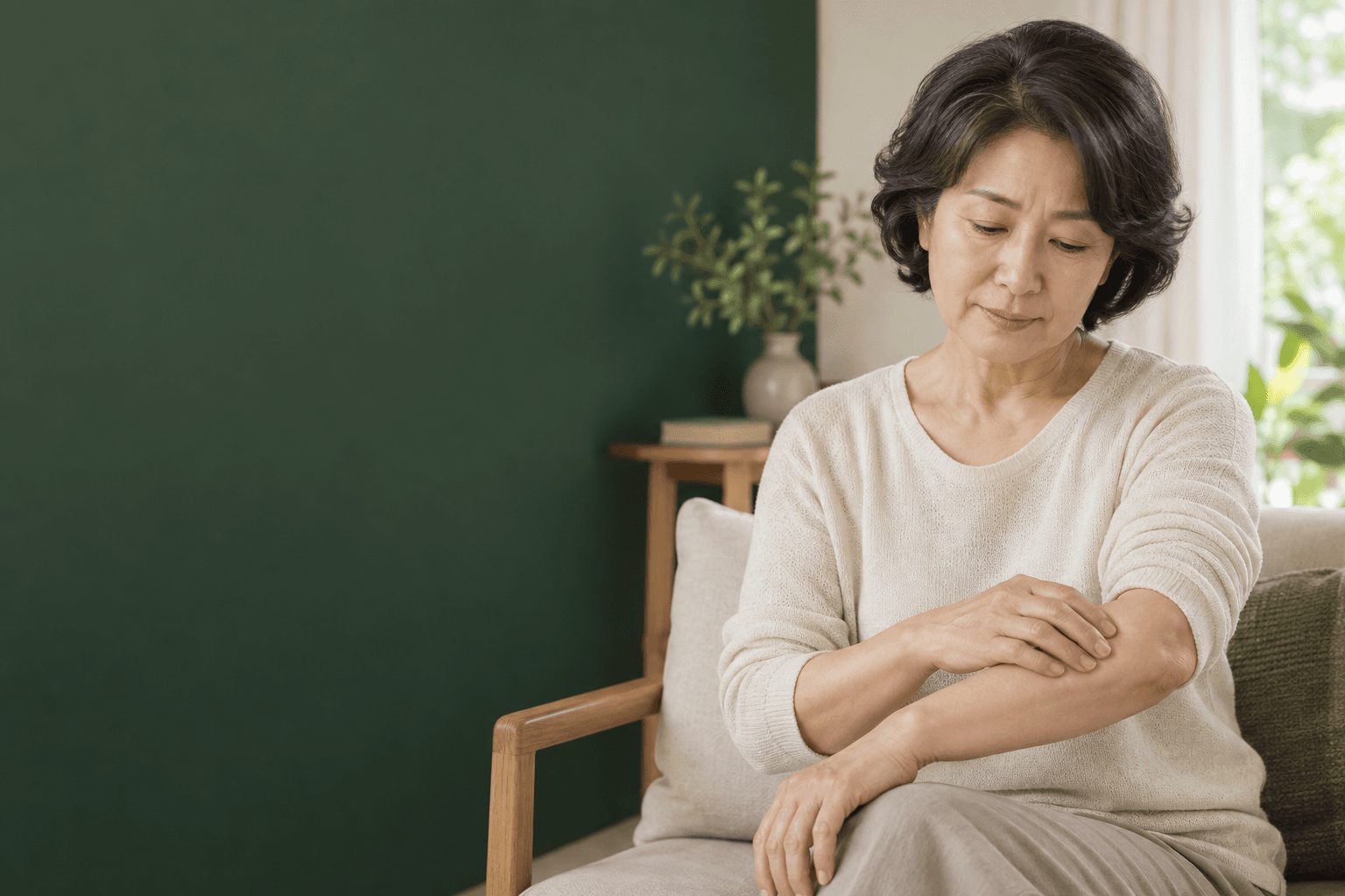 전신 가려움과 피부 민감 증상을 일상적인 팔 피부 불편 장면으로 표현한 AI 생성 예시 이미지. 실제 사례 환자가 아닙니다.