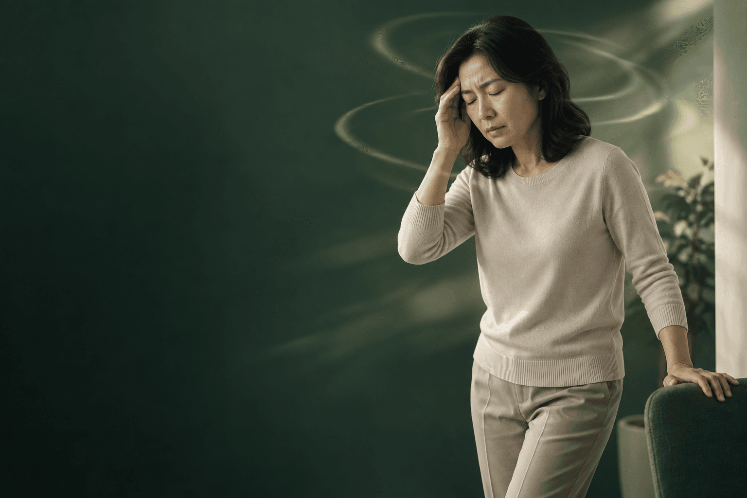 이석증의 어지러움과 보행 불편을 표현한 AI 생성 예시 이미지. 실제 사례 환자가 아닙니다.