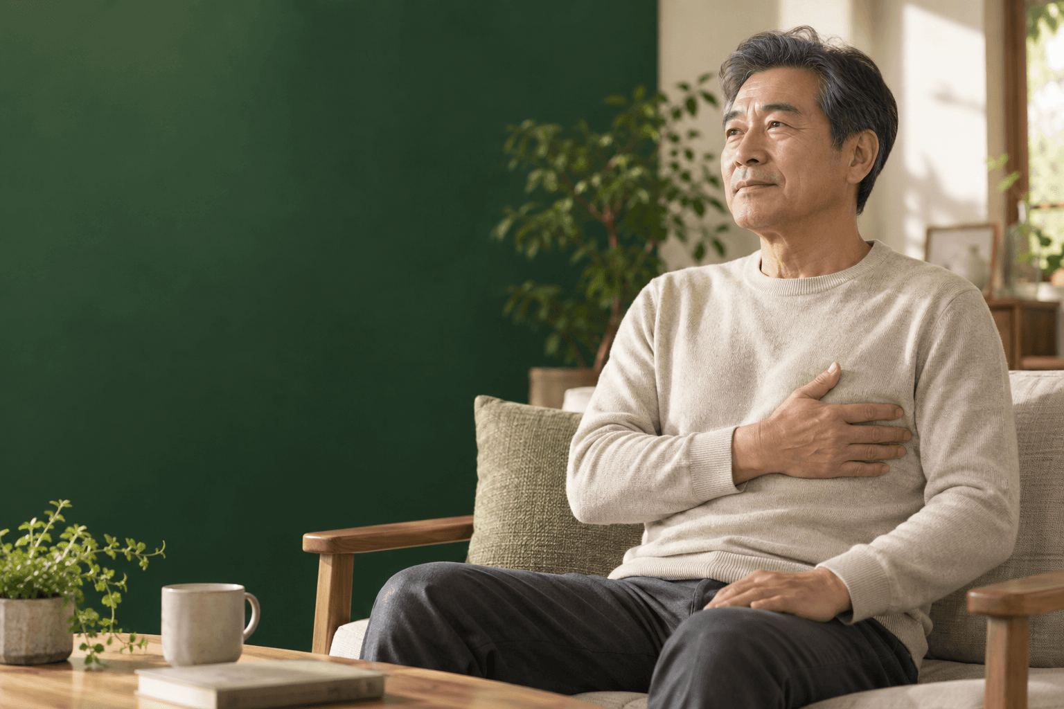 흉부 타박 뒤 가슴 부위를 가볍게 보호하며 호흡하는 일상을 표현한 AI 생성 예시 이미지. 실제 사례 환자가 아닙니다.