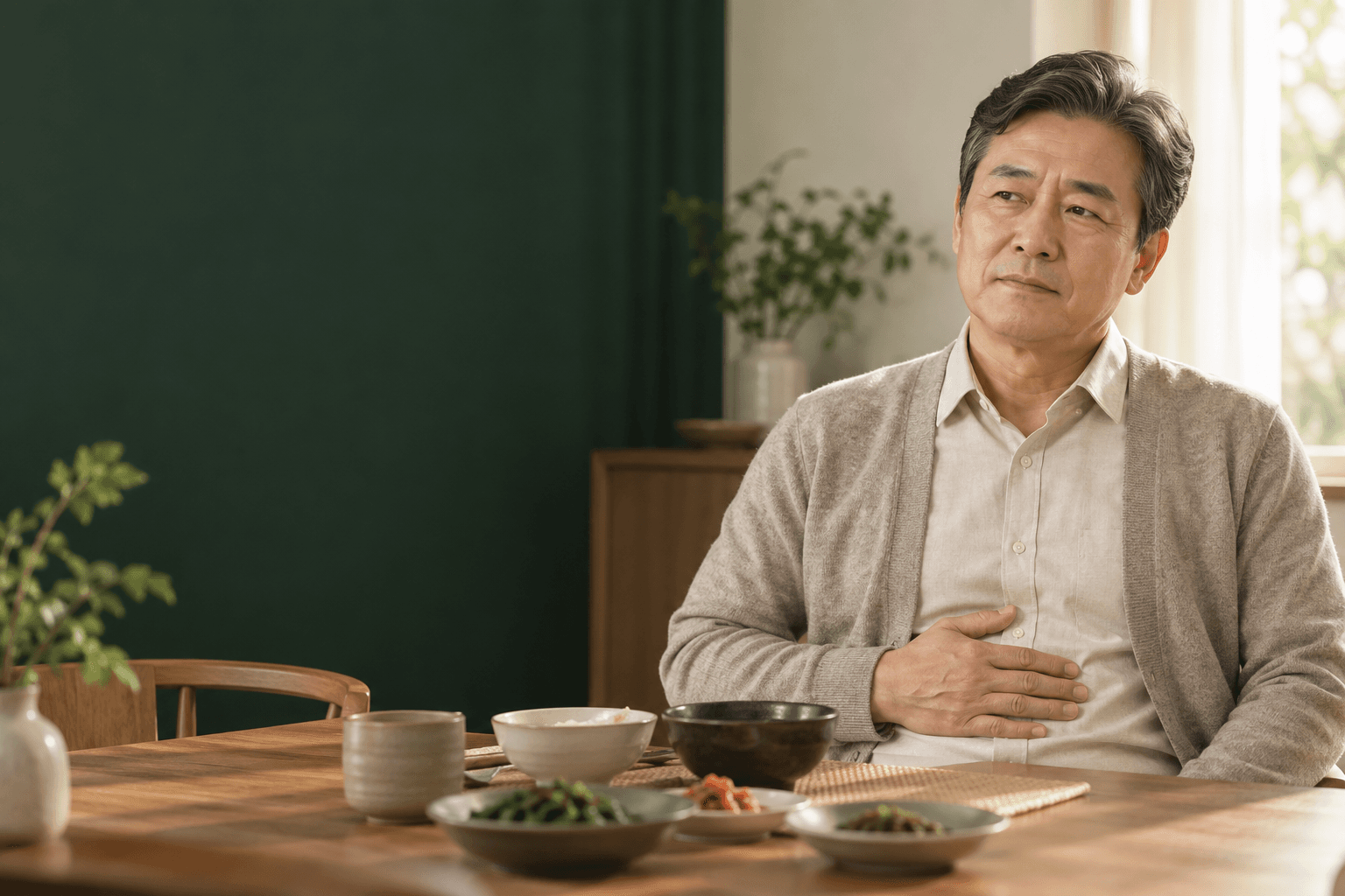 오래 지속된 속쓰림과 음식 섭취의 불편으로 식사 뒤 상복부 상태를 살피는 모습을 표현한 AI 생성 예시 이미지. 실제 사례 환자가 아닙니다.