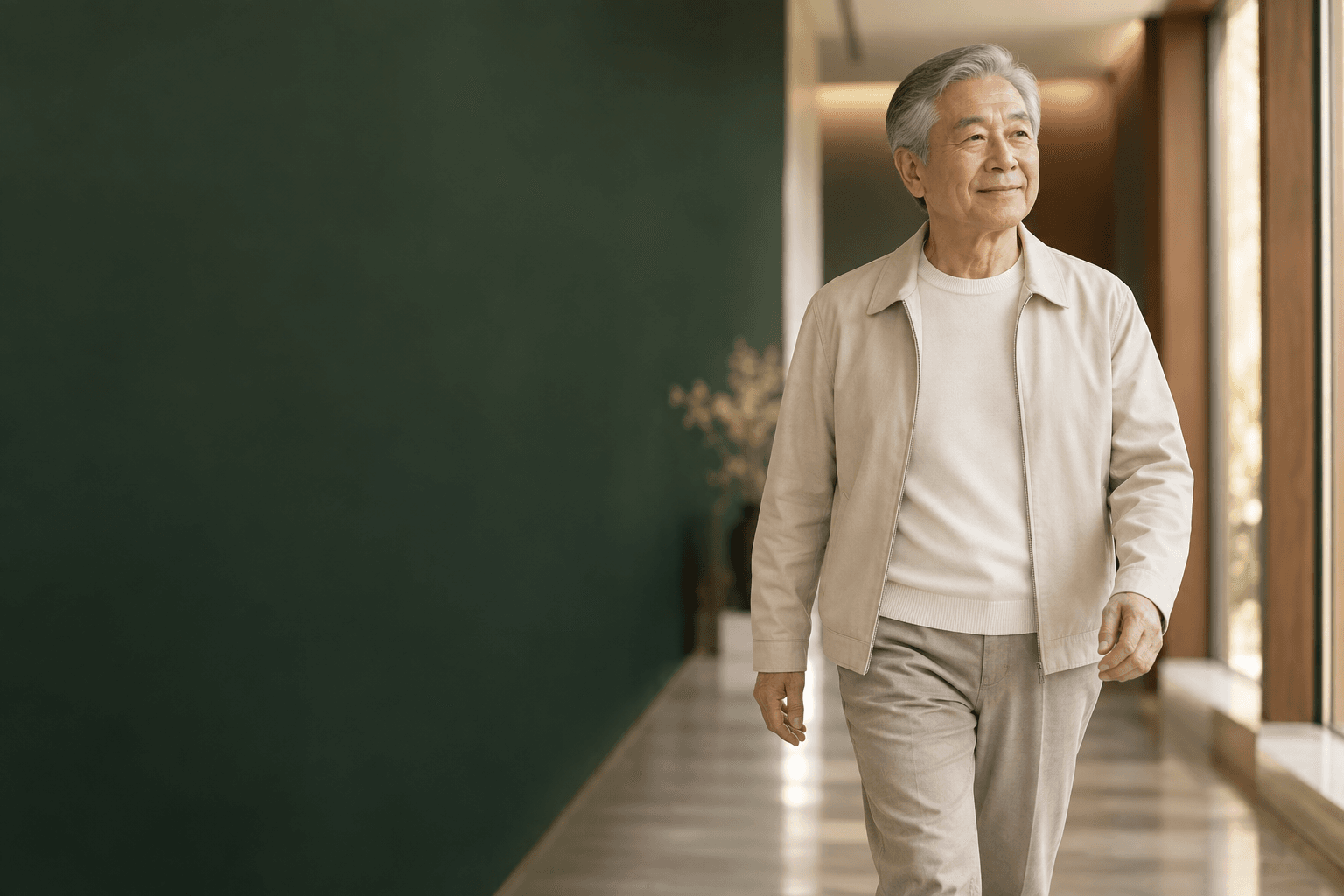 만성 요통과 보행 불편의 변화를 차분한 일상 장면으로 표현한 AI 생성 예시 이미지. 실제 사례 환자가 아닙니다.