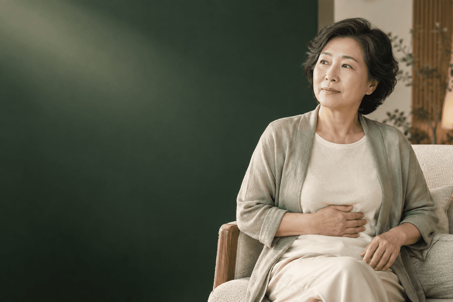 위궤양과 관련된 속쓰림과 상복부 불편을 차분한 일상 장면으로 표현한 AI 생성 예시 이미지. 실제 사례 환자가 아닙니다.