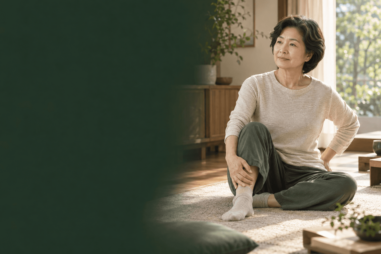 고관절 움직임 제한으로 가부좌 자세를 조심스럽게 살피는 일상을 표현한 AI 생성 예시 이미지. 실제 사례 환자가 아닙니다.
