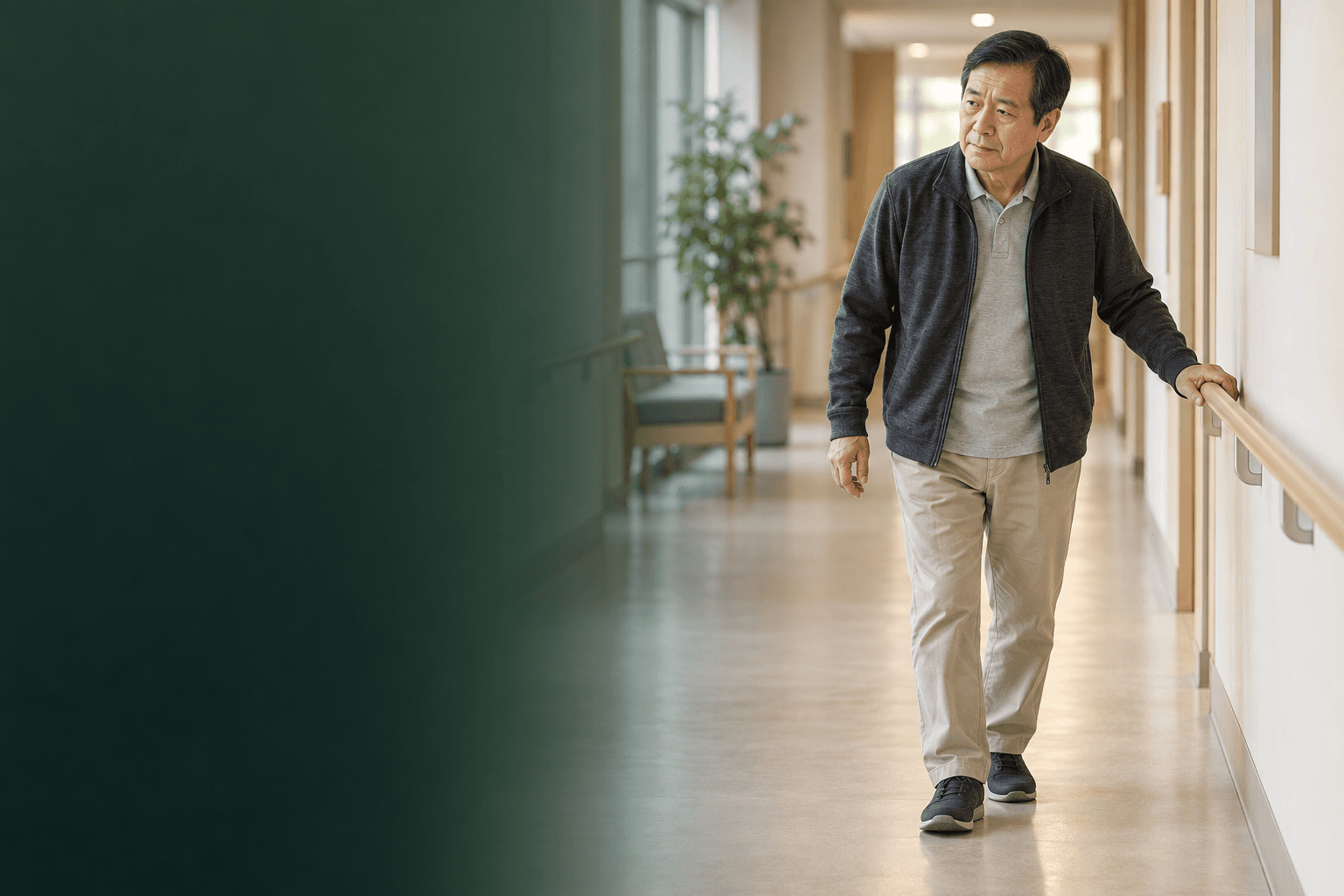 신경계 수술 뒤 보행 균형을 조심스럽게 확인하는 남성의 재활 일상을 표현한 AI 생성 예시 이미지. 실제 사례 환자가 아닙니다.