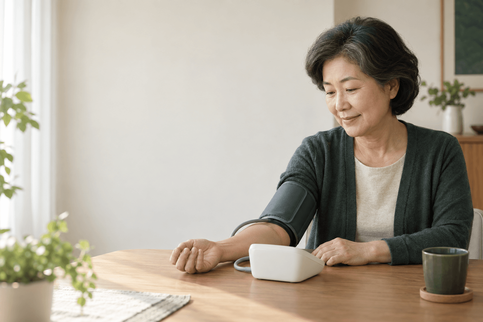 가정에서 편안한 자세로 혈압을 측정하는 상황을 표현한 AI 생성 예시 이미지. 실제 사례 환자가 아닙니다.