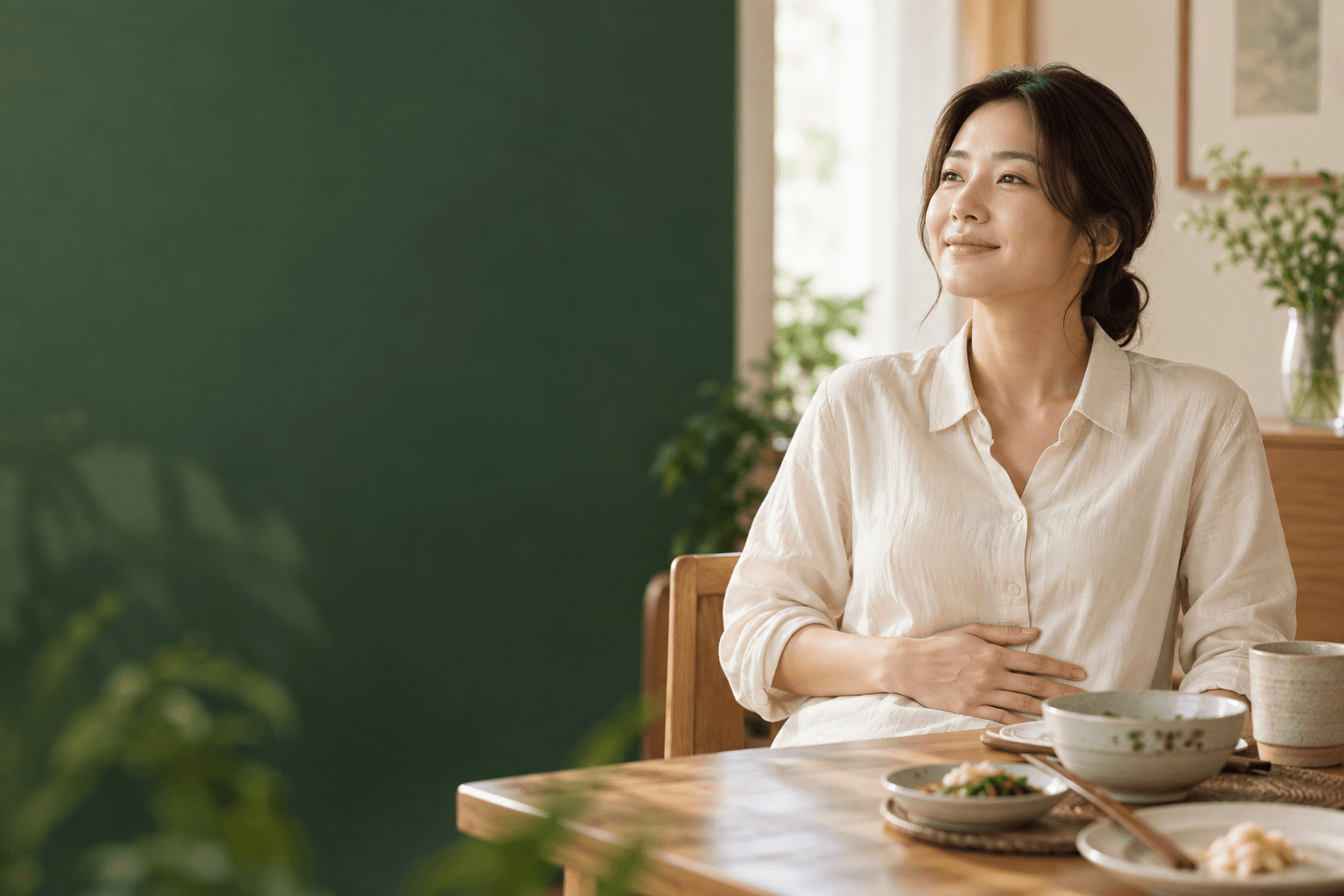 반복되는 설사와 복부 불편 뒤 편안하게 식사하는 일상을 표현한 AI 생성 예시 이미지. 실제 사례 환자가 아닙니다.