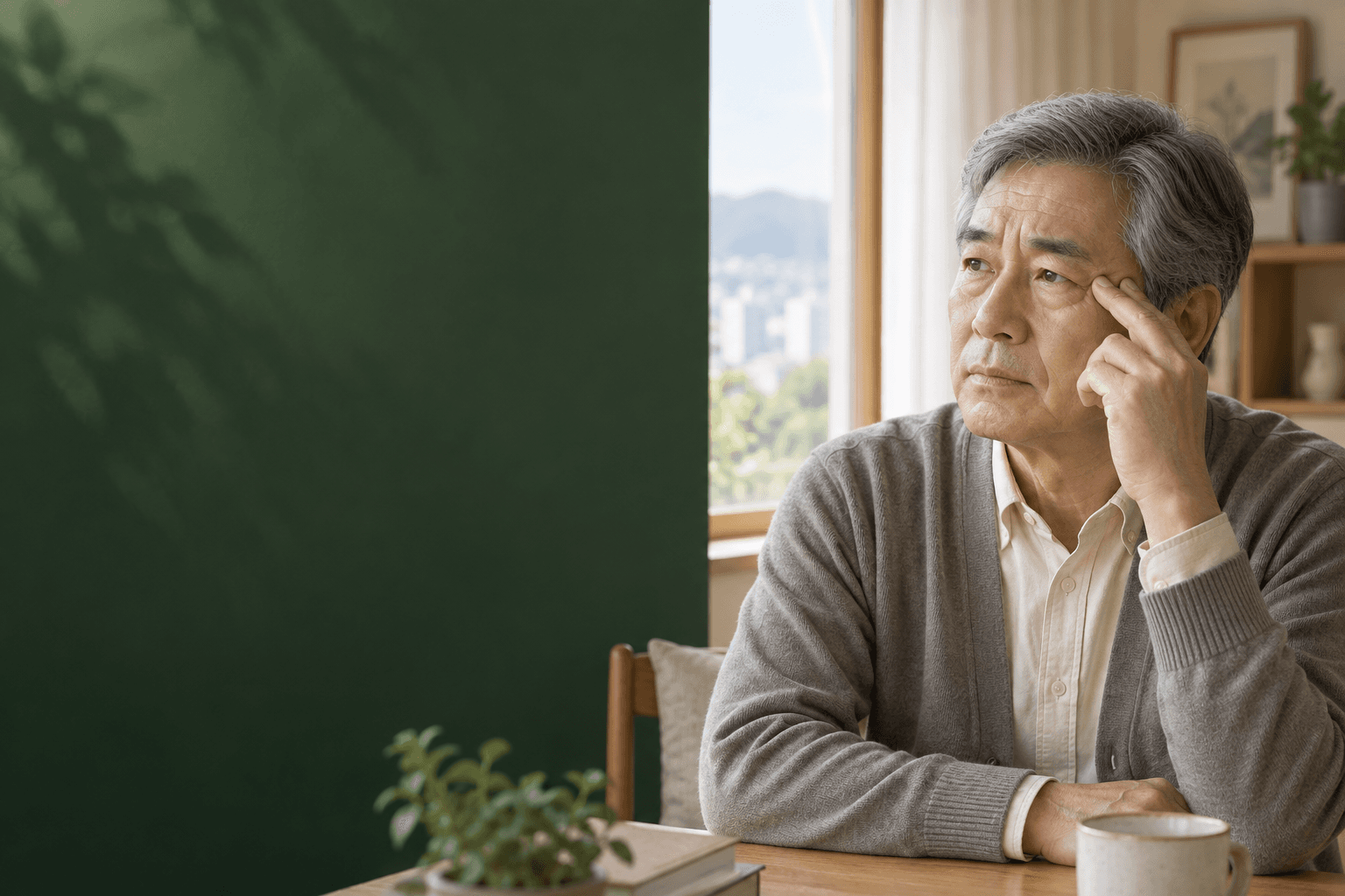 한쪽 눈의 시력 저하와 흐릿함으로 일상에서 시야를 살피는 모습을 표현한 AI 생성 예시 이미지. 실제 사례 환자가 아닙니다.