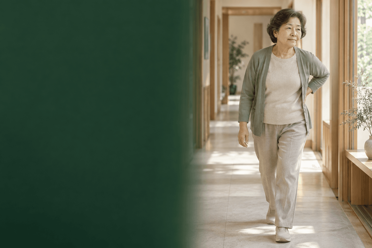 허리 통증과 앞으로 숙여지는 자세로 인한 보행 불편을 표현한 AI 생성 예시 이미지. 실제 사례 환자가 아닙니다.