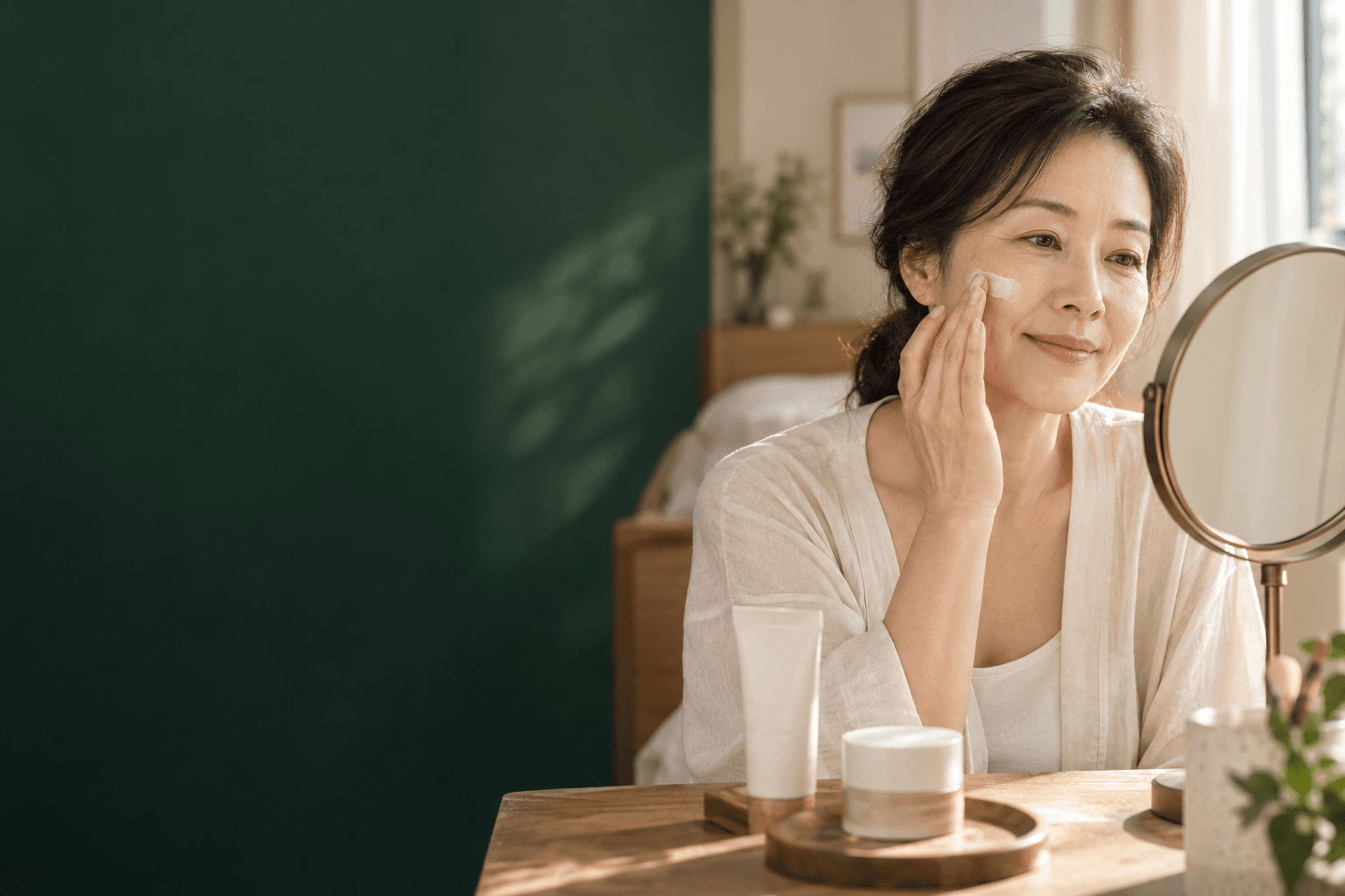 얼굴 기미 고민과 일상적인 피부 관리를 차분한 장면으로 표현한 AI 생성 예시 이미지. 실제 사례 환자가 아닙니다.