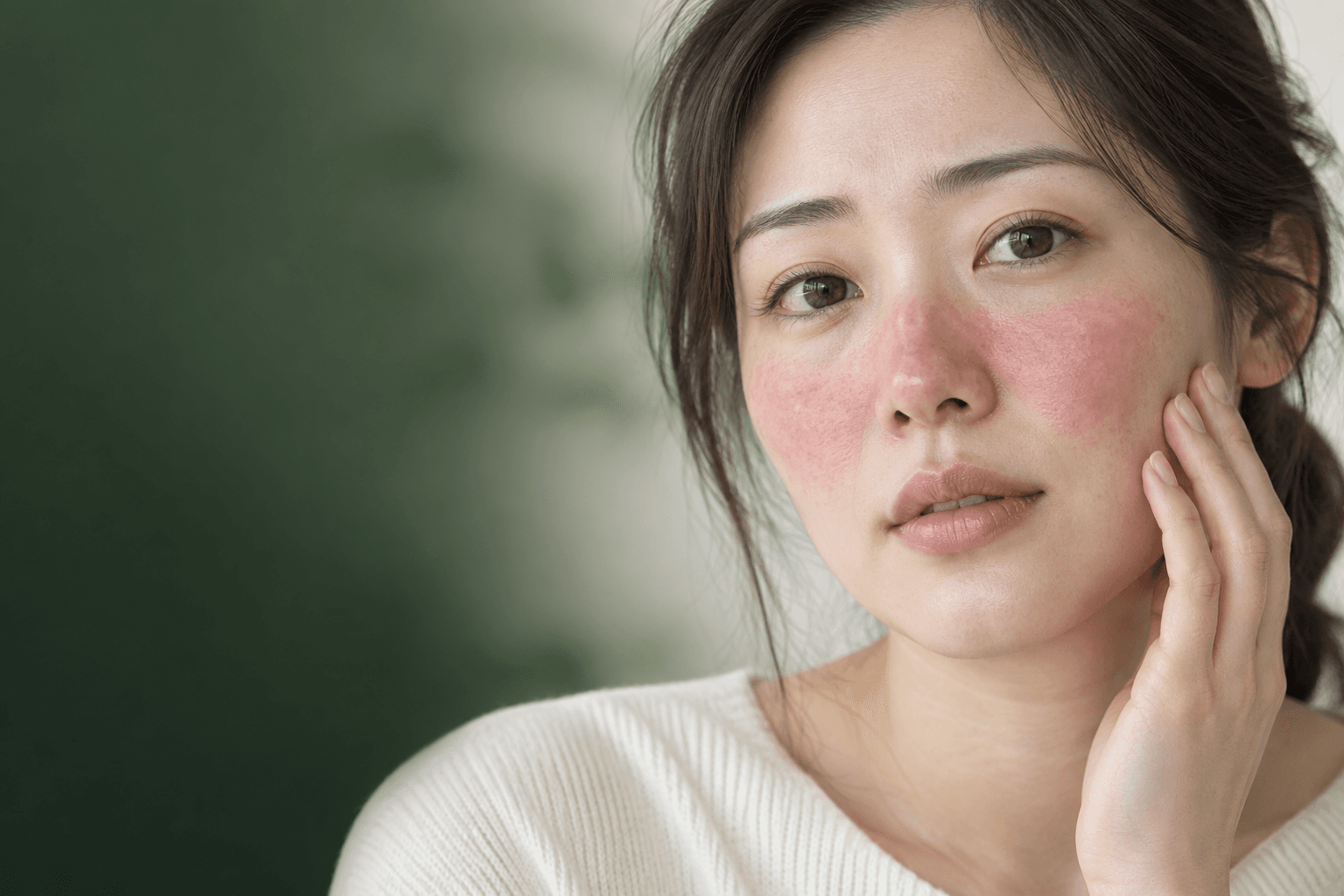 주사 피부염의 얼굴 붉음과 피부 증상을 표현한 AI 생성 예시 이미지. 실제 사례 환자가 아닙니다.