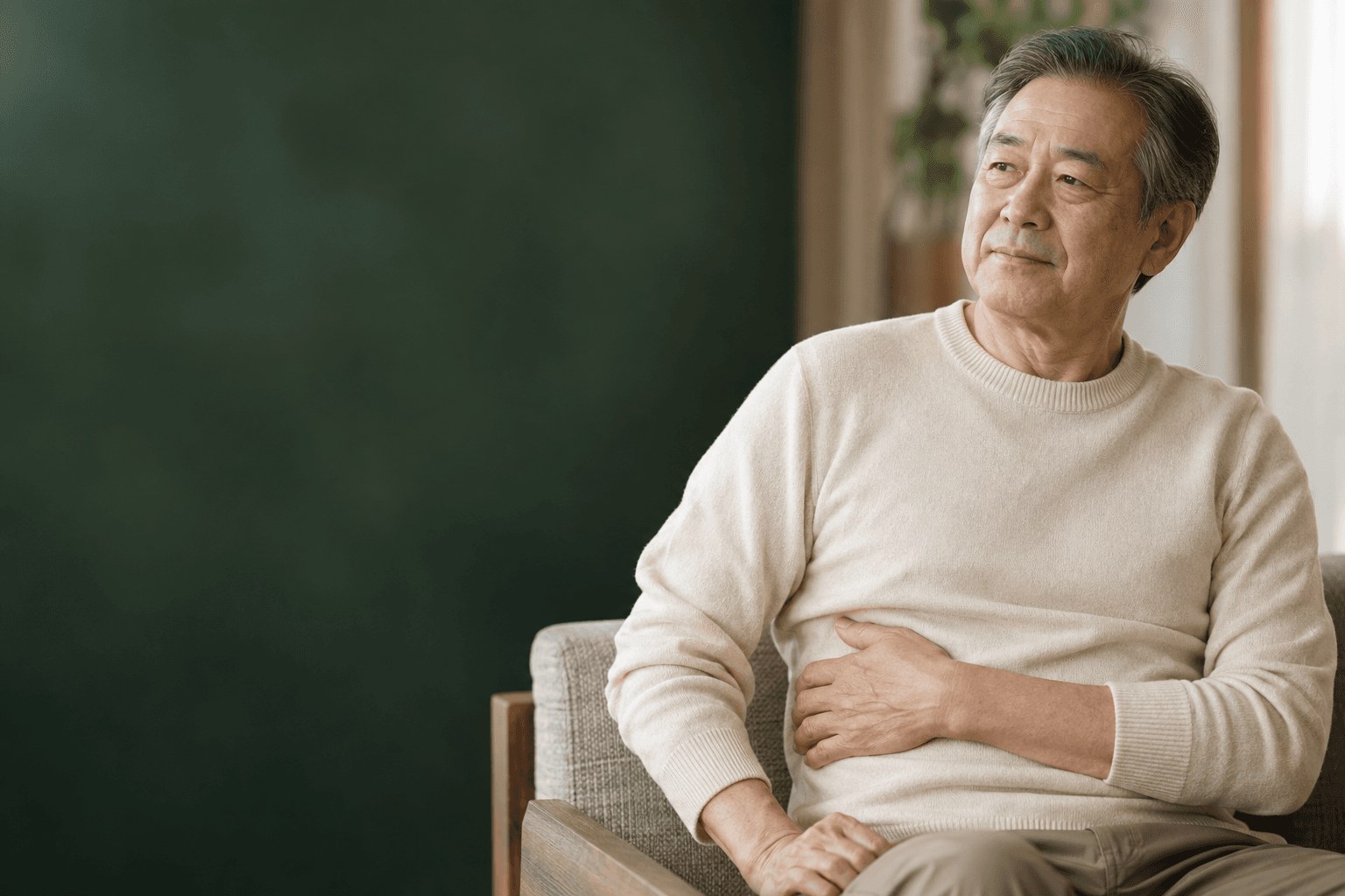 대상포진 후유증의 옆구리 불편을 표현한 AI 생성 예시 이미지. 실제 사례 환자가 아닙니다.